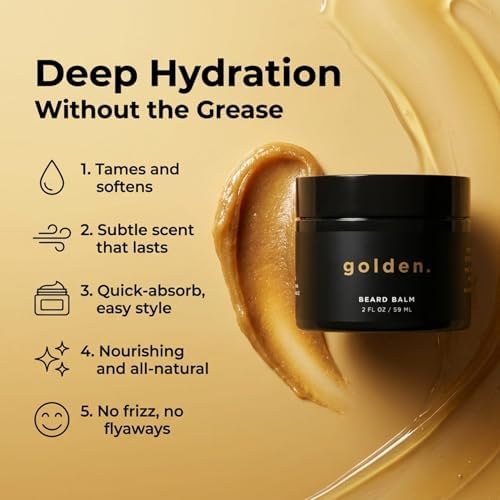 Golden Grooming Beard Balm - Tames Flyaways & Promotes Thicker Growth - Natural Styling Wax with Shea & Mango Butter - Relieves Beard Itch & Dandruff - Signature Fresh Scent, 2oz
