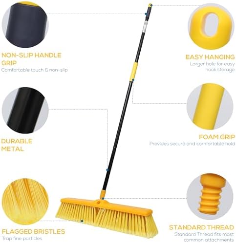KLEEN HANDLER 18" Push Broom with 61" Long Extendable Metal Handle with Threaded Plastic Screw for Deck Driveway Garage Yard Patio Warehouse Hard Floor Cleaning