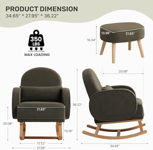 HCHAIRH Rocking Chair with Ottoman, Upholstered Glider Rocker with High Backrest and Side Pocket, Rocking Accent Armchair with Solid Wood Legs for Nursery/Living Room/Bedroom Green