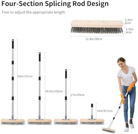 Stainless Steel Wire Scrub Brush with Long Handle, Moss Remover Wire Broom for Deck, Rough Surface, Concrete Floor, Patio, Garden, Garage (Silvery)