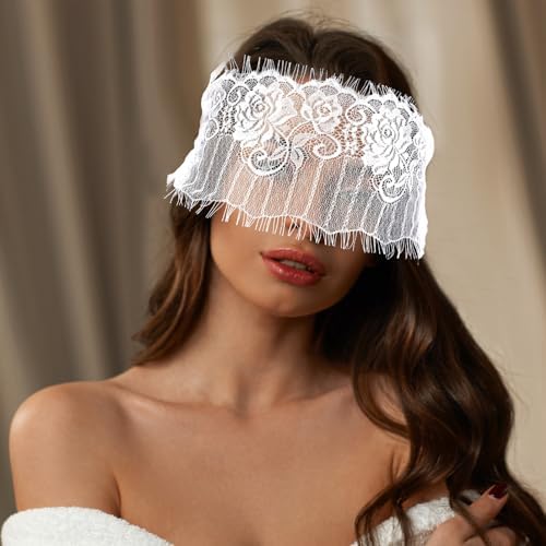 FRESHME Lace Sleep Eye Mask - White Flower Embroidery See-Through Blindfold Adjustable Eyes Covers for Women Bed Night Sleeping Time Gift