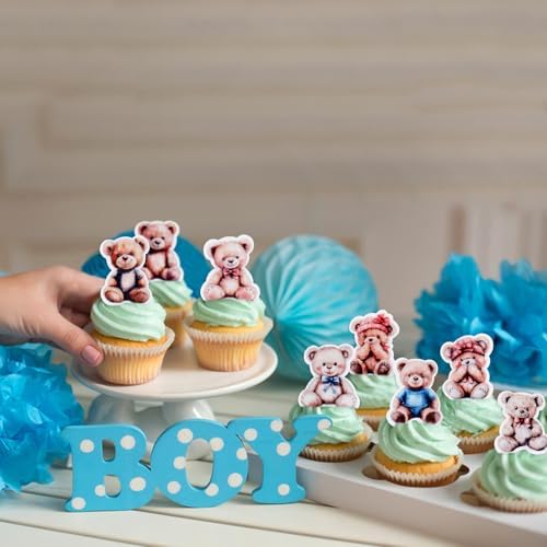 40Pcs Edible Teddy Bears Cupcake Toppers Cute Bear Baby Cupcake Picks for Bear Theme Baby Shower Baby Gender Reveal Little Bears Theme Boys Girls Birthday Party Cake Cupcake Decorations