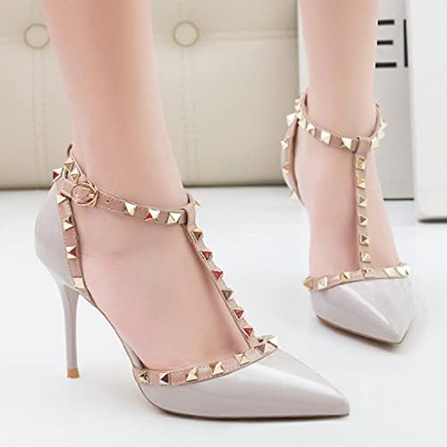 Women's Slingbacks Studded Mid High Heels Summer Shoes Pointy Toe Party Daily Wear Sandals Stud T-Strap 3.5 Inch Mid Kitten Heel