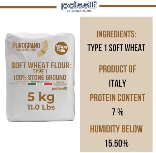 Polselli, PuroGrano, 100% Stone Ground, Type 1 Soft Wheat Flour, Bread flour– 5kg (11 lb), Ancient Italian Grain – Ideal for Sourdough Bread & Artisan Baking – Imported from Italy, Polselli. Unbleached, unbromated and no additives