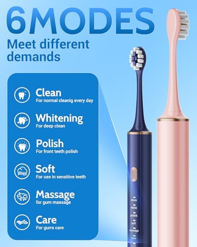 Blue & Pink Electric Toothbrush for Adults, USB Rechargeable Sonic Toothbrush with 12 Brush Heads, Smart Timer, 6 Modes, 2-Hour Fast Charge Last 30 Days