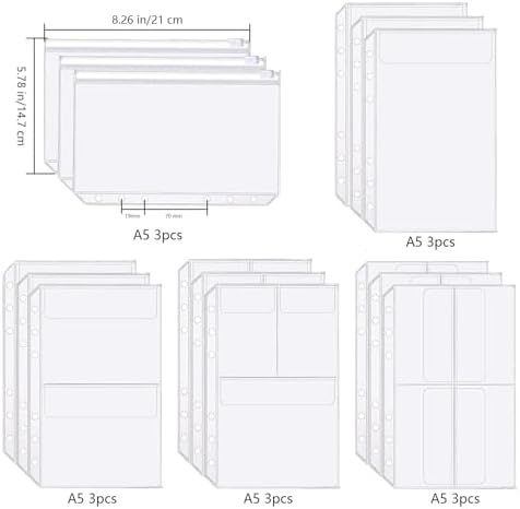 Binder Pockets, 15pcs A5 Size 6 Holes Binder Pockets, [Waterproof PVC Pouch] Premium Clear Binder Zipper Folders Document Filing Bags for 6-Ring Notebook Binder Loose Leaf Bags,-Clear