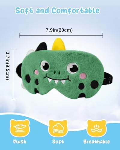 Sleep Mask for Kids - Cute Cartoon Plush Fuffy Sleeping Eye Cover Green Dinosaur Kawaii Soft Eyeshade with Adjustable Strap Animal Eye Blindfold for Kids Girls Boys Teens