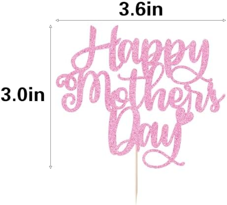 24 PCS Happy Mother's Day Cupcake Toppers with Glitter Heart Love Mother Best Mom Cupcake Picks for Happy Mother's Day Theme Women Birthday Party Cake Decorations Supplies Pink