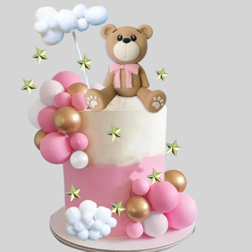 Bear Cake Toppers Bear Balls Cake Decorations with Stars Clouds Cake Toppers for Boy Girl Baby Shower Birthday Party Decorations (Pink Bear Set)