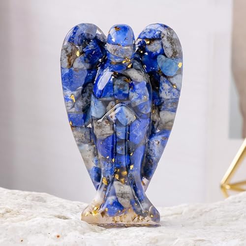Erliway 3" Lapis Lazuli Crystal Guardian Angel Figurines, Natural Healing Crystal Chips Resin Angel Statue for Peace Meditation Easter Home Decor