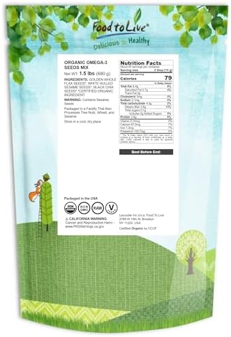 Food to Live Organic Omega-3 Seeds Mix with Flax, Chia and Sesame, 1.5 Pounds Non-GMO Whole Seeds, Raw, Kosher, Vegan. Rich in Omega 3 Fatty Acids and Dietary Fiber. Great for Salads and Oatmeal