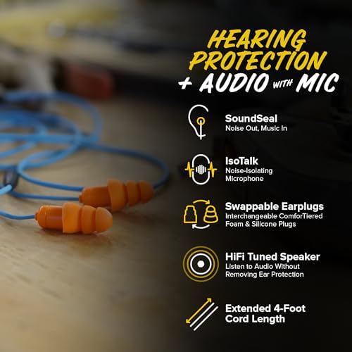 Plugfones Guardian Plus Earplug Headphones in-Ear Earplug Earbud Hybrid with Noise Isolating Mic and Controls - 27-29dB Noise Reduction in-Ear Headphones (Orange & Blue)