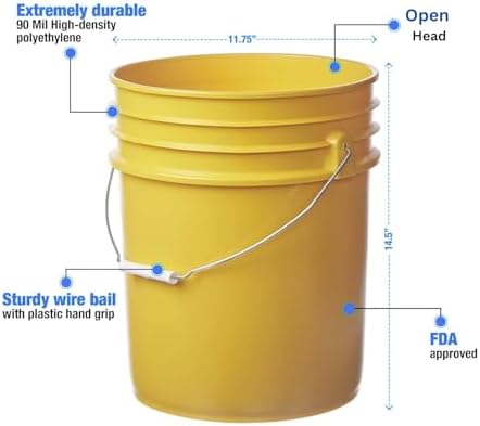 5 Gallon Food Grade Plastic Bucket, Open Head Pail with Handle, 12-3/8 in Diameter x 14-3/4 in Height (Yellow, 1 Pack)