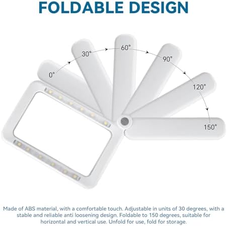 Rechargeable Magnifying Glass with Light, 5X Large Rectangular Page Magnifier, 12 Dimmable LEDs Folding Handheld Reading Magnifier for Seniors ＆ Low Vision