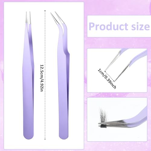 JJUNW 6 Pcs Lash Cluster Tweezers, Stainless Steel Curved Craft Tweezers Straight And Curved Tip, Purple Eyelash Tweezer For Eyelash Extensions, Diy Crafts, Nail Art, Scrapbooking, Jewelry Making