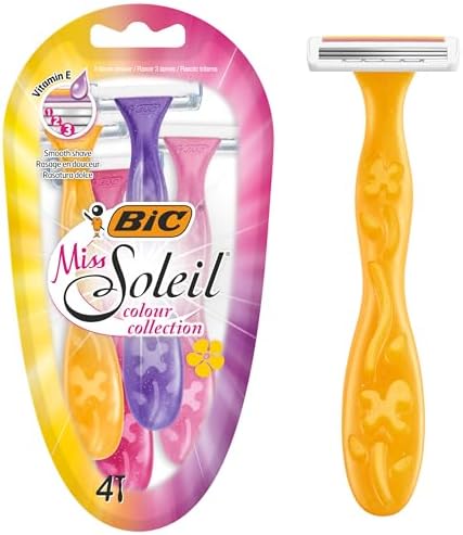 BIC Miss Soleil Colour Collection Lady Razors, Triple-Blade Razors, Vitamin E Enriched Lubricating Strip - Pack of 4