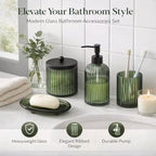 4PCs Heavy Weight Decent Glass Bathroom Accessories Set with Decorative Pressed Pattern - Includes Soap Dispenser, Lidded Cotton Jar, Tumbler and Soap Dish(Olive Green)