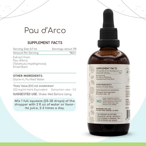 HerbEra PAU d'Arco B120 Alcohol-Free Herbal Extract Tincture, Concentrated Liquid Drops Natural Wildcrafted PAU d'Arco (Tabebuia Impetiginosa) Dried Bark (4 fl oz)