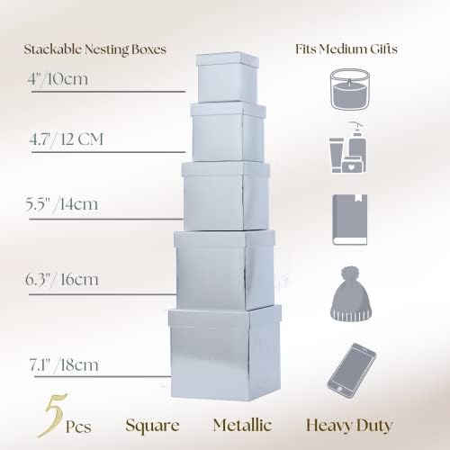 UNIQOOO 5Pcs Metallic Silver Christmas Gift Box Set with Lid, Assorted Size, Silver Square Nested Wedding Keepsake Card Gift Box, Paper Box Tower Organizer For Party, Thanksgiving, Gift Wrap Packaging