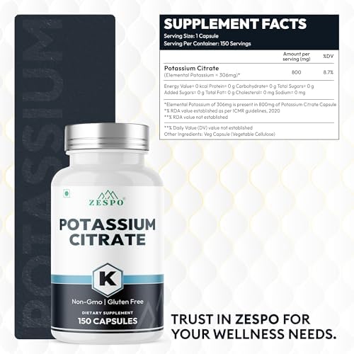 Zespo Potassium Citrate 800mg – 150 Veg Capsules | Provides 306mg Elemental Potassium per Serving | Supports Electrolyte Balance & Daily Wellness | Non-GMO, Gluten-Free Mineral Supplement