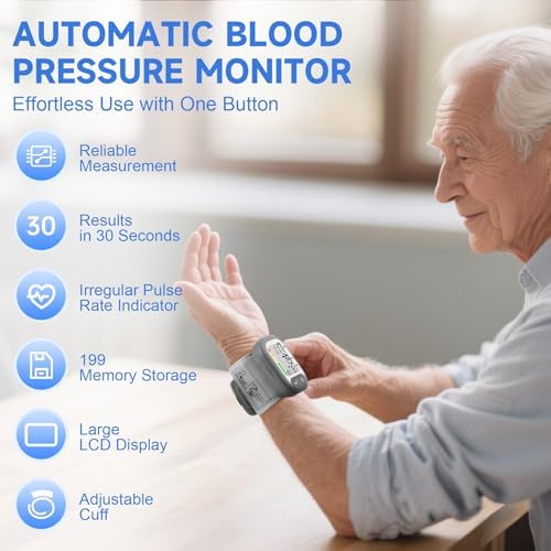 Blood Pressure Monitor Adjustable Wrist Cuff for Home Use Automatic BP Machine Large Digital LCD Display 199 Memory Batteries Included with Carrying Case, Grey