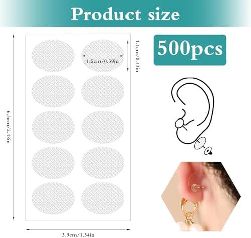 500PCS Ear Lobe Support Patches for Earrings, Clear Earring Stickers for Heavy Earrings (0.59 x 0.49inch) & Earring Covers for Sports, Ear Tape Lobe Support Patches for Long Time