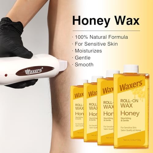 Roll on Wax Refill for Hair removal Honey at Home Sugar Roller Waxing Cartridges for Sensitive Skin Depilatory Soft Wax for Legs Arms & Body 5.3oz 150g 4 Pack