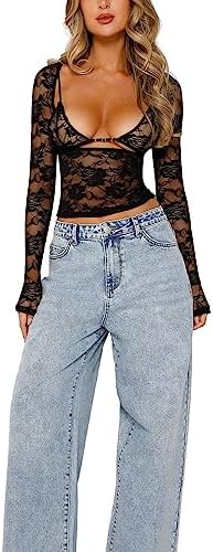 Women Y2k Lace Long Sleeve Crop Top Sexy Sheer See Through T Shirts Backless Slim Fit Going Out Tops