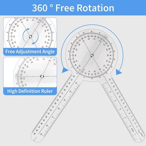 Goniometer 12 inch 360 Degree Protractor Transparent Orthopedic Angle Ruler Plastic Goniometer Professional Orthopedic Protractor Ruler for Physical Therapy Joint ROM,Rehab Sports Training(1 Pcs)