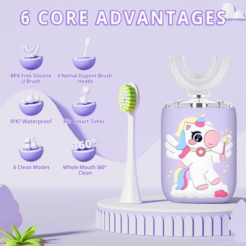 Kids Electric U Shaped Toothbrush, Kids Unicorn Sonic Automatic Toothbrush with 4 Soft Brush Heads with Toothpaste- (Age 2-7, Purple)