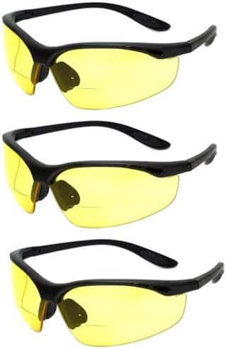 Calabria 91348 3 Pack Bulk Bifocal Reading Safety Glasses Readers +2.00 Yellow Men Women Wrap Around Eye Protection Anti Fog