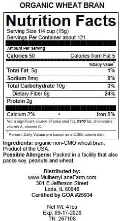 Wheat Bran, 4 Pounds USDA Certified Organic, Non-GMO Bulk, Product of USA, Mulberry Lane Farms