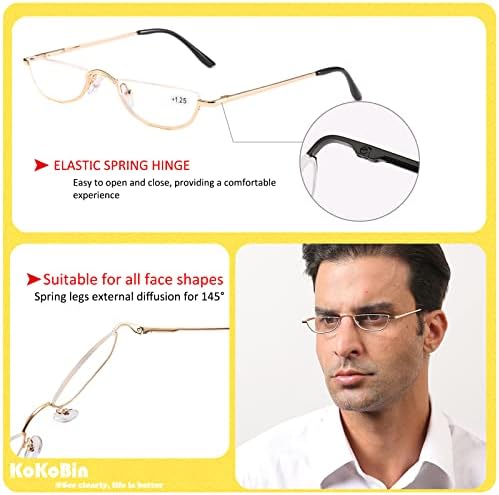 KoKoBin Half Reading Glasses - 2 Pairs Half Rim Metal Frame Glasses Spring Hinge Readers for Men and Women, Black+Gold 1.25