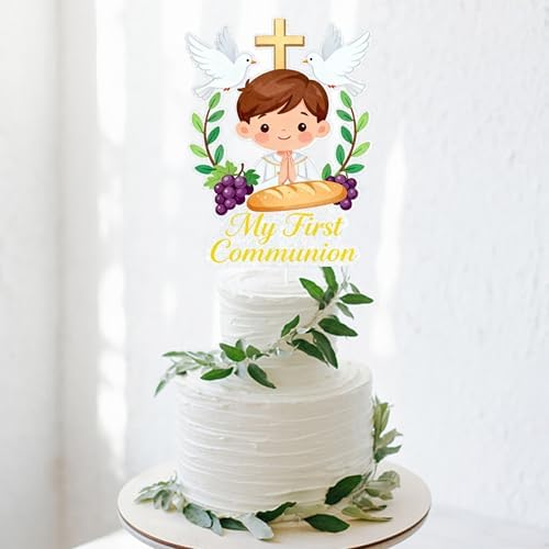 My First Communion Cake Topper, Boy with Cross, Doves, Bread and Grapes Design, Religious Party Decoration