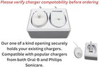 2 Slot Family Electric Toothbrush Charger Holder and Bathroom Organizer, Compatible with Both OralB and Philips Sonicare Tooth Brush, Countertop Stand or Wall-Mounted, White (2 Openings)