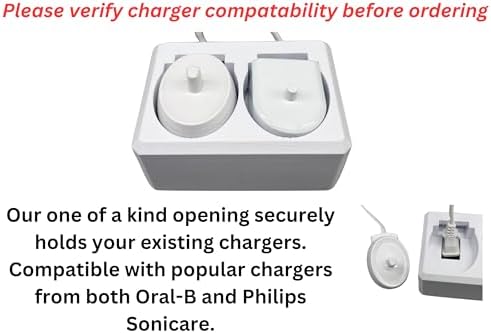 2 Slot Family Electric Toothbrush Charger Holder and Bathroom Organizer, Compatible with Both OralB and Philips Sonicare Tooth Brush, Countertop Stand or Wall-Mounted, White (2 Openings)