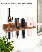 Hair Tool Organizer for Bathroom – Wall Mounted Hair Dryer Holder with Heat-Resistant Cups, Curling Iron & Straightener Rack, Blow Dryer Organizer for Vanity or Wall (Brown)