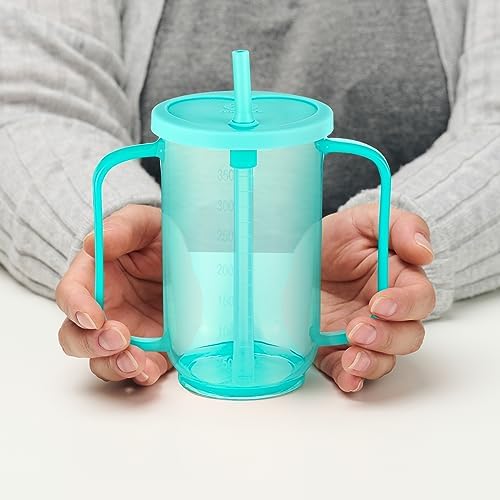 Sliner Adult Sippy Cups for Elderly 12 oz Straw Sippy Cups with 2 Handles No Spill for Adults Spill Proof Dysphagia Cup for Disabled Patients (Blue)