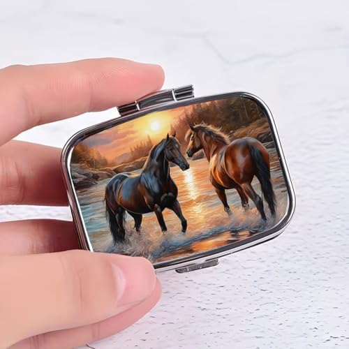Horse Pill Box 2 Compartment Small Pill Case for Purse & Pocket Travel Portable Metal Medicine Box to Hold Vitamins Medication Fish Oil Supplements Horse for Women Men (YH3875)