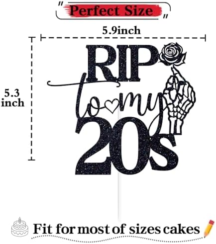 Black Glitter Rip to My 20's Cake Topper, Cheers to 30 Years/Death to My Twenties, Funeral Old English Themed 30th Birthday Party Decorations Supplies