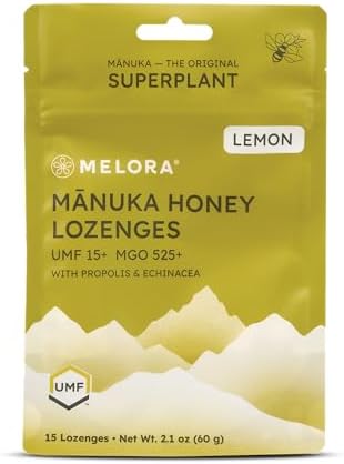 Manuka Honey Lozenges, Lemon Lozenges for Sore Throat Relief, 15 Honey Cough Drops (2.1 oz) – Dry Mouth Lozenges infused with Propolis & Echinacea, made with Raw Honey for Immune Support