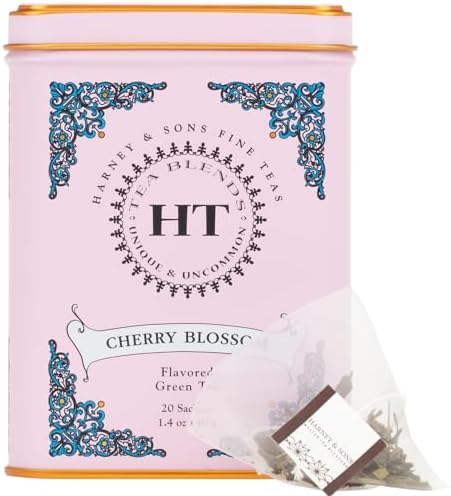 Harney & Sons Caffeinated Blossom Green Tea Tin Sachets Pink 31629, Cherry, 20 Count (Pack of 1)