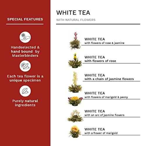 Creano Blooming Tea - Flowering Ball Gift Set in Stylish Wooden Box - 12 Pieces, White Tea