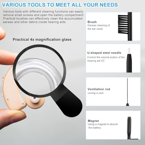 WXJ13 Hearing Aid Cleaning Kit, 13 Pieces, Includes Nylon Brushes, Magnifier, Ventilation Rod, Screwdriver, Case for Headphones, Earplugs, Mobile Phone Charging Holes