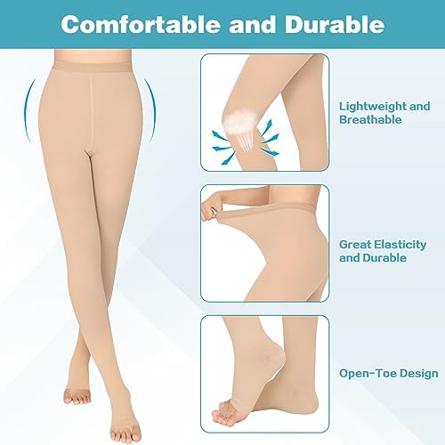 KTINNEAD 20-30 mmHg Compression Pantyhose for Women, Open Toe Medical Compression Stockings, Waist High Opaque Compression Tights for Edema, Varicose Veins, Swelling, Pregnant, Teacher, Doctor