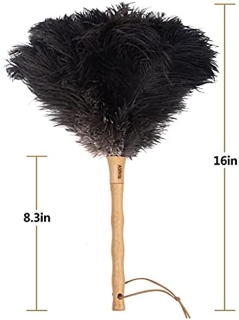 Aldwin Ostrich Feather Duster, 16 inch Black Genuine Ostrich Feathers with Wood Handle, Reusable Car Dusters, Eco-Friendly Cleaning Handheld Dusters for Home, Office and Kitchen