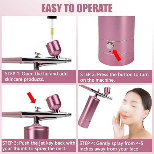Oxygen Facial Machine – Handheld High Pressure Mist Spray Steamer for Skin Rejuvenation, Deep Cleaning, and Moisturizing – Portable, Rechargeable Airbrush for Home and Beauty Salon Use (Pink)
