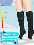 Athbavib 2 Pairs Compression Socks for Women & Men with Zipper 15-20 mmhg, Wide Calf Open Toe Plus Size Compression Socks Men, Knee High Compression Stockings for Flying Nurses Pregnant Women Travel