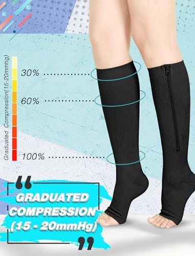 Athbavib 2 Pairs Compression Socks for Women & Men with Zipper 15-20 mmhg, Wide Calf Open Toe Plus Size Compression Socks Men, Knee High Compression Stockings for Flying Nurses Pregnant Women Travel
