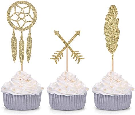24 Counts Gold Glitter Boho Cupcake Toppers Arrow Feather Dreamcatcher Decorations for Baby Shower - Birthday Party